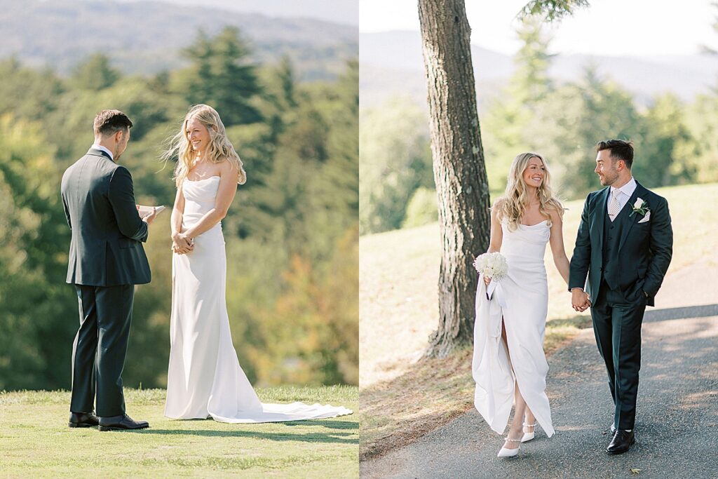 Bride and groom reading private vows on a grassy overlook and walking together under trees holding hands.