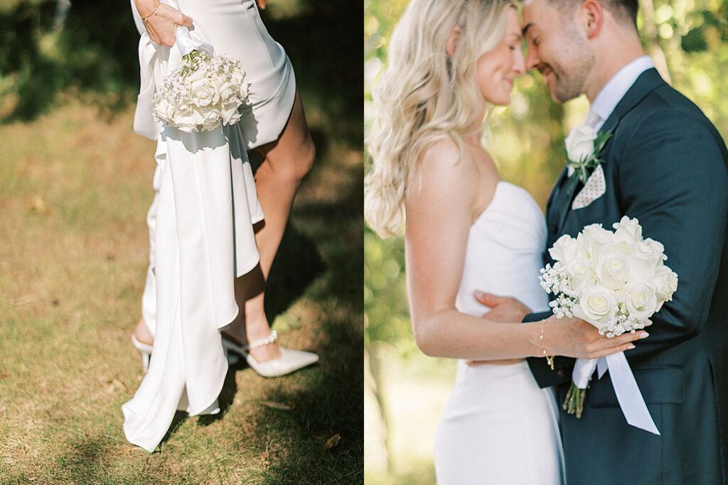 Close-up of the bride holding a white rose bouquet and a soft portrait of the couple embracing outdoors.