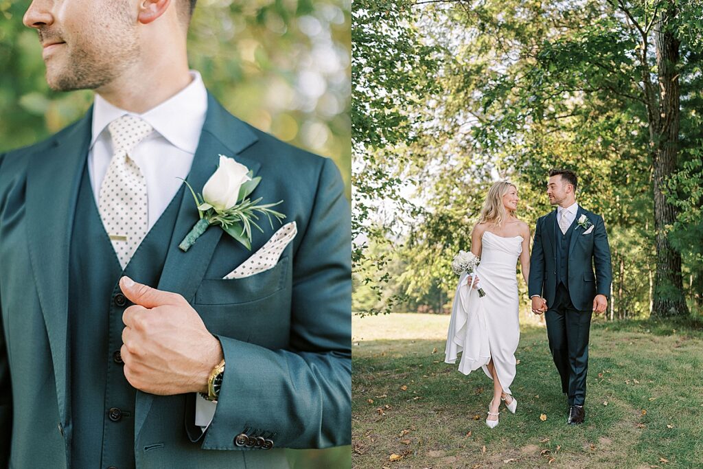 Close-up of groom’s boutonniere and tie with couple walking together through trees holding hands.