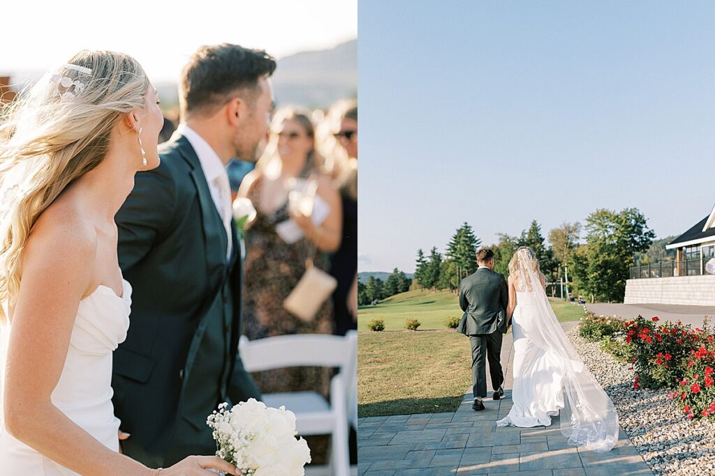 Bride laughing during the recessional and the couple walking together away from the ceremony site.