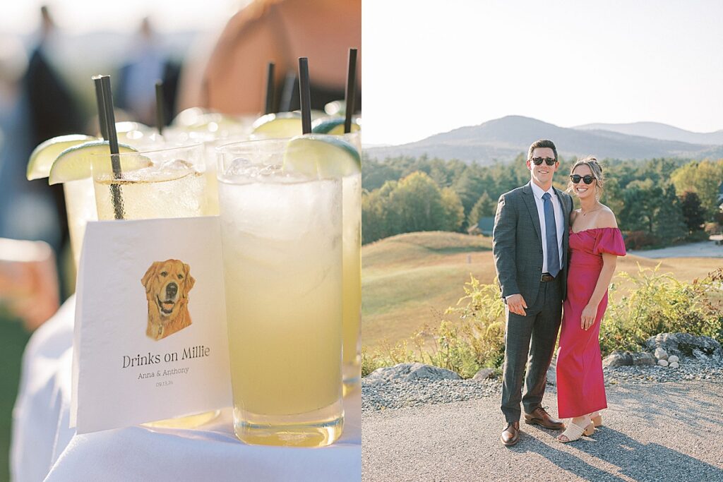 Signature cocktails displayed beside a custom sign and a guest couple posing with mountain views in the background.