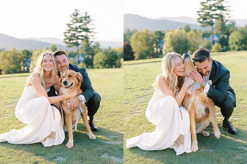 Bride and groom kneeling on the grass with their dog during sunset portraits with mountains behind them.