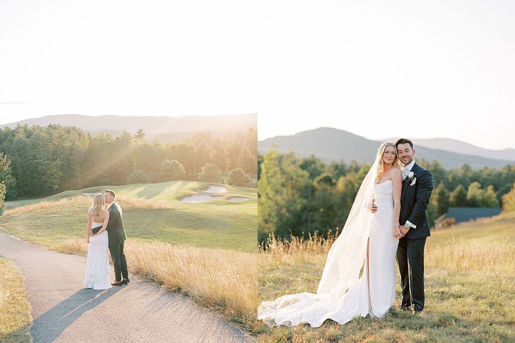 Bride and groom embracing on a hillside during golden hour portraits overlooking forested mountains.