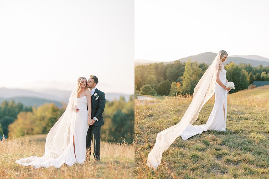 Bride and groom standing together on a grassy hill during sunset portraits with mountains in the distance.