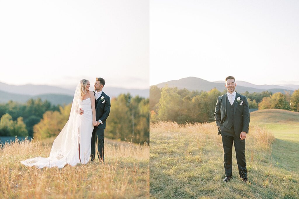 Groom standing on a grassy hillside in a dark green suit during golden hour wedding portraits.