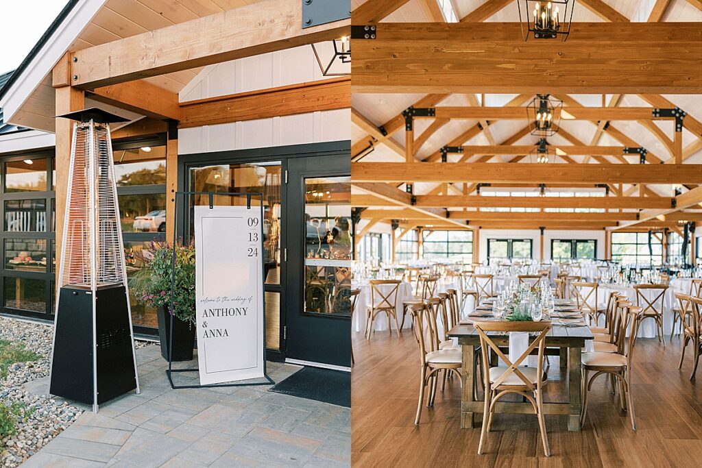 Wedding welcome sign outside the reception entrance and a wide view of the wooden-beam reception space with tables set.