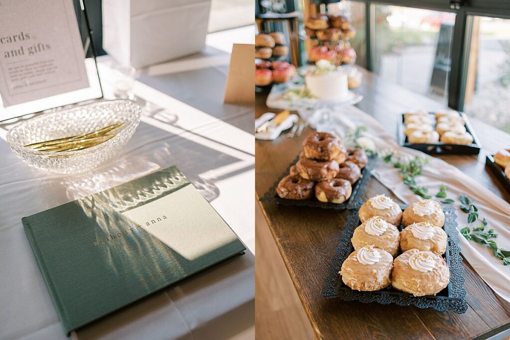 Guest book and card table beside a dessert display with donuts and a small cake.