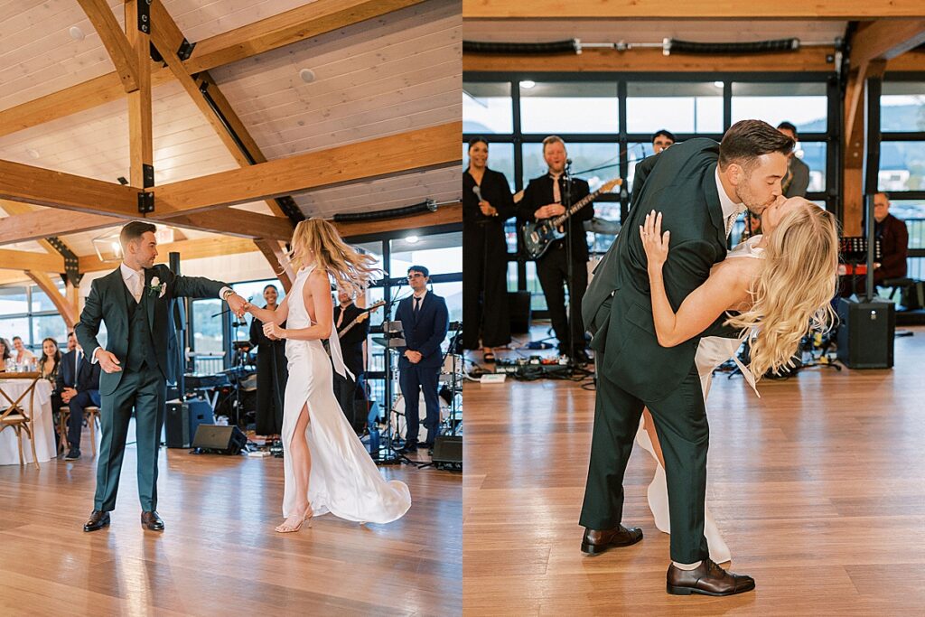 Bride and groom dancing together on the reception floor with a live band playing behind them.