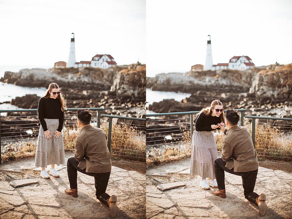 Man kneels to propose to woman on rocky coastal path with Portland Head Light lighthouse behind them; second frame shows her reacting with surprise.