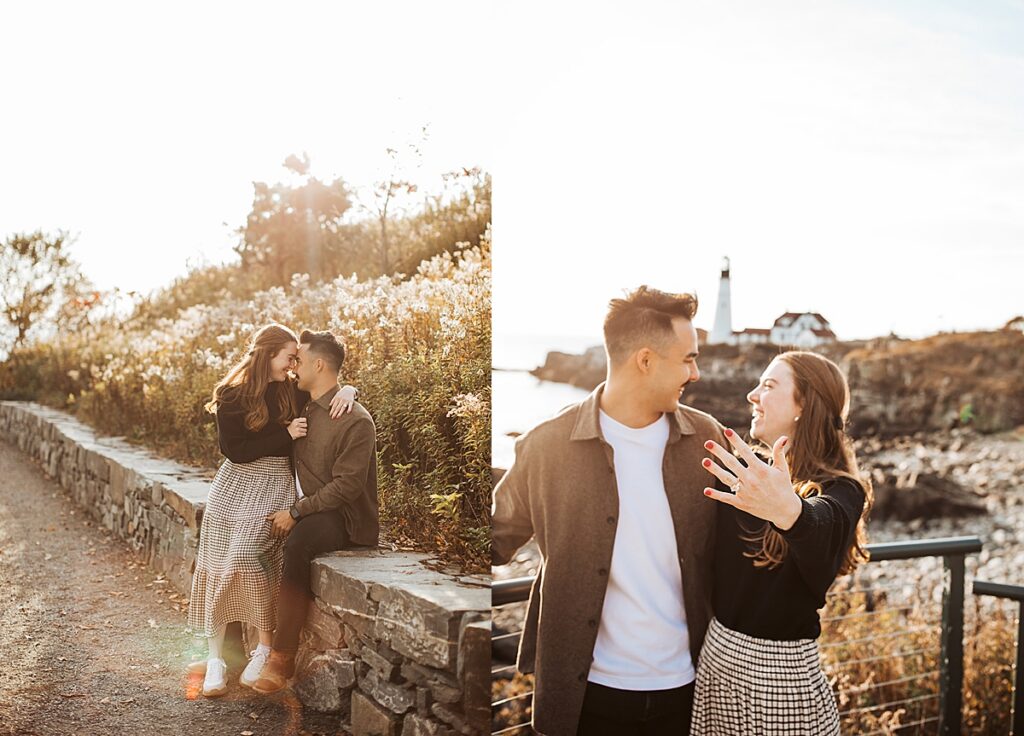Woman shows engagement ring while walking with partner near rocky shoreline and lighthouse during golden hour proposal session.