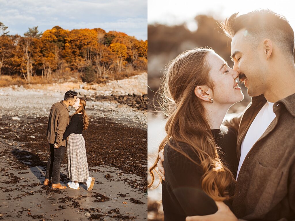 Couple kissing on sandy beach with autumn trees behind them and close-up portrait of them smiling during golden hour.