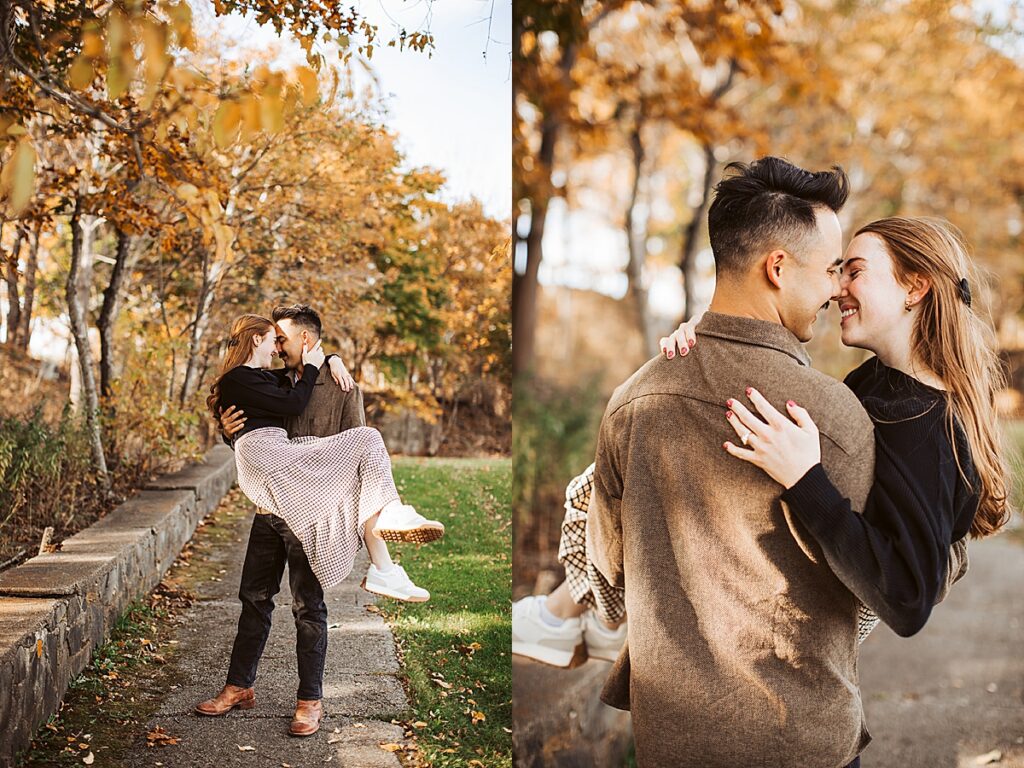 Man lifts partner along tree-lined path with fall foliage, followed by close portrait of couple smiling together in autumn light.