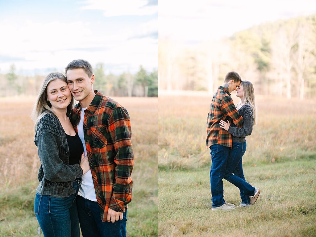 Couple embracing in a grassy field; left close portrait smiling at camera, right panel shows them embracing forehead to forehead.