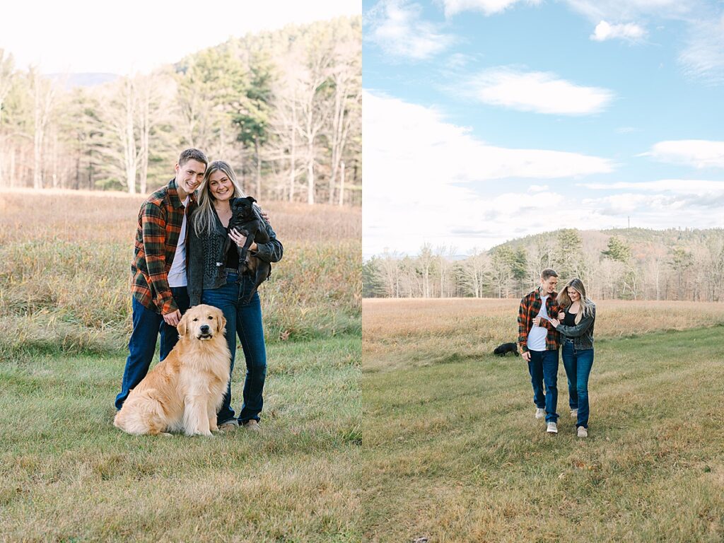 Couple posing with a golden retriever and black pug in a meadow; second panel shows them walking together through the field.