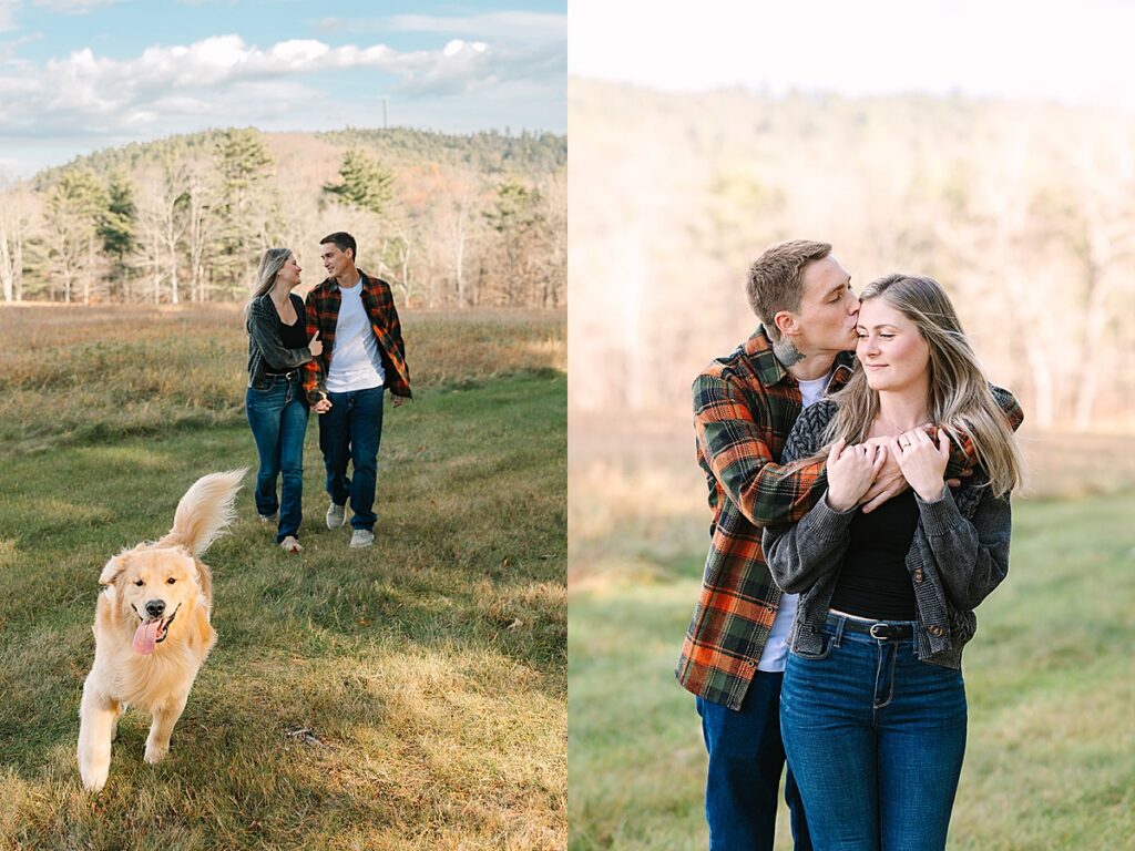 Golden retriever running toward camera while couple walks behind; second panel shows man hugging woman from behind in field.