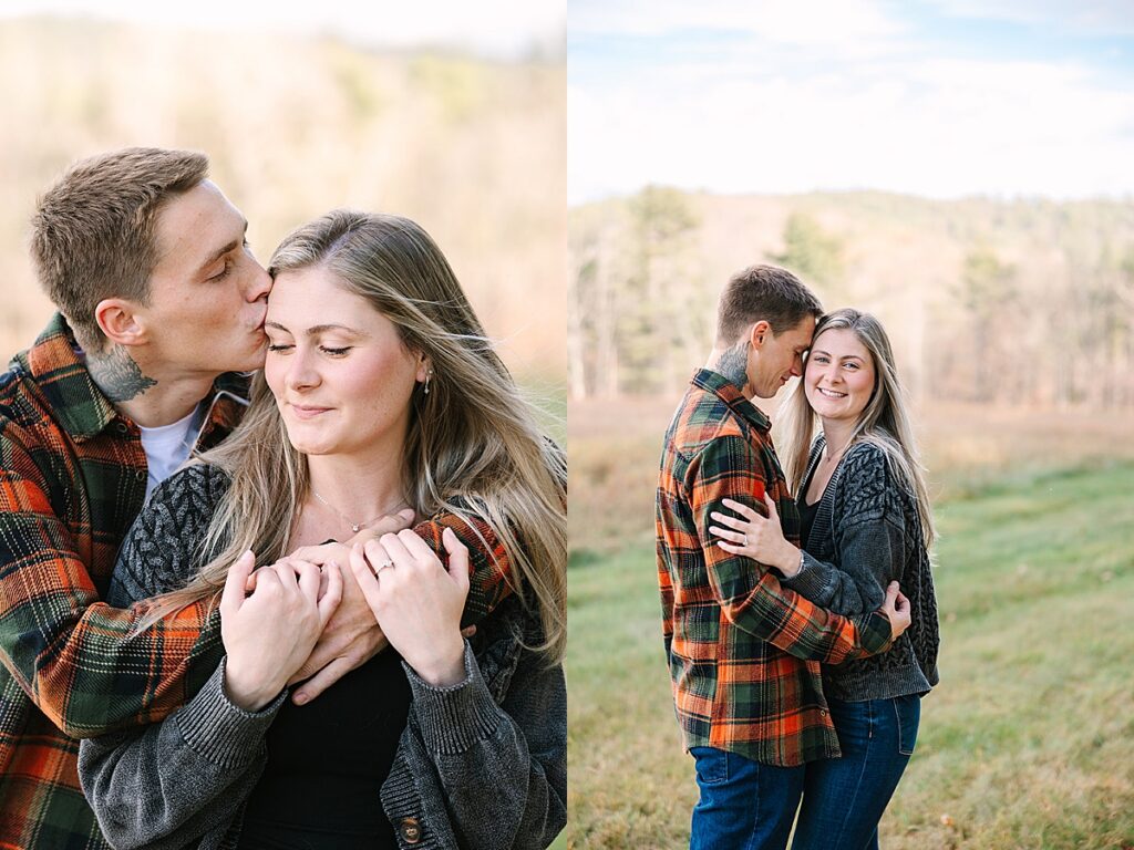 Close portrait of man kissing woman’s forehead; second panel shows couple embracing and smiling in open meadow.