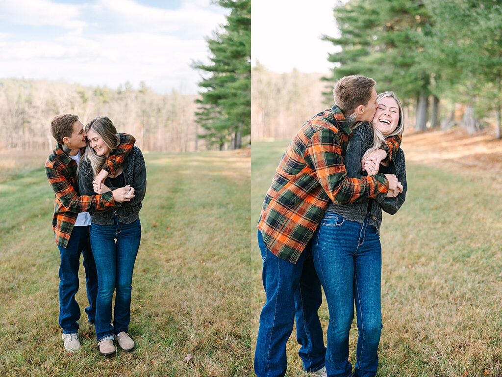 Couple walking together through grassy field laughing; second panel shows playful hug as woman laughs.