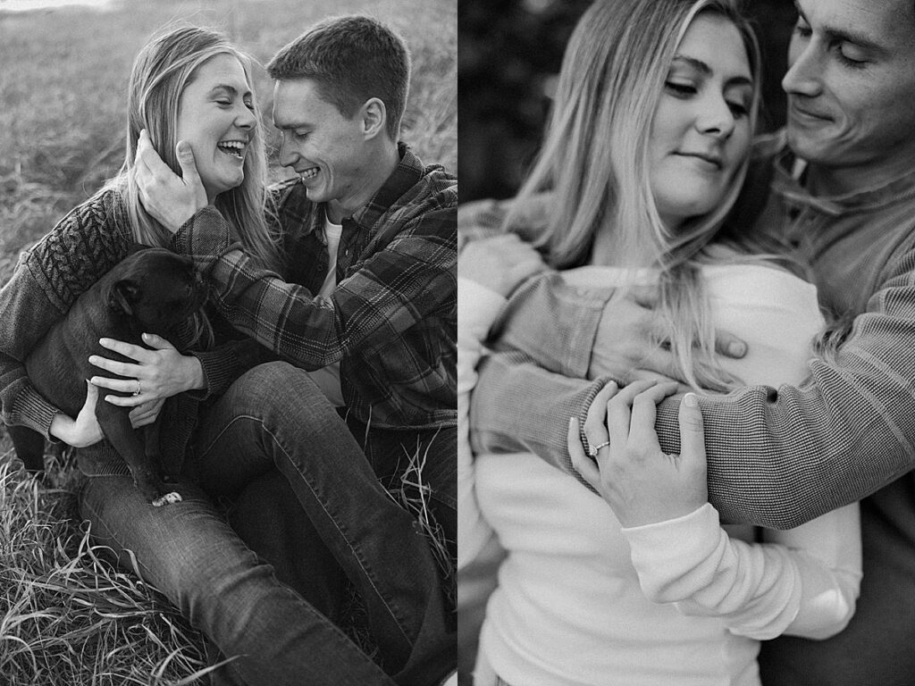 Black and white diptych of couple cuddling with their pug and close portrait of couple embracing with engagement ring visible.