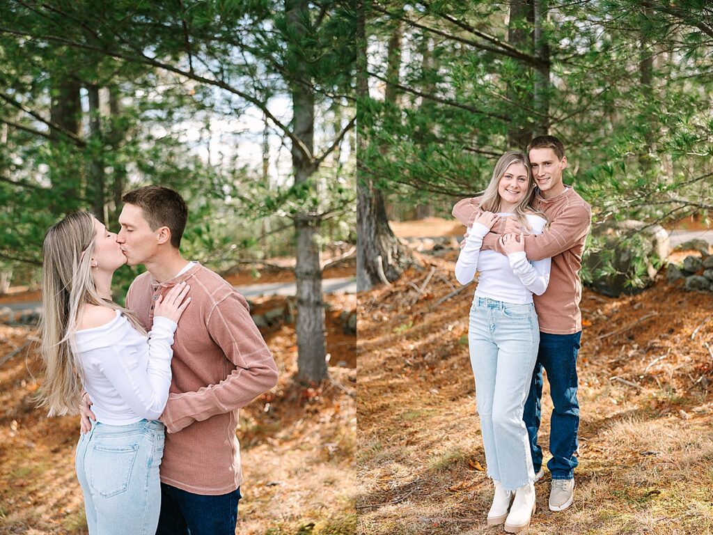 Couple kissing among pine trees; second panel shows man hugging woman from behind as they stand on forest path.