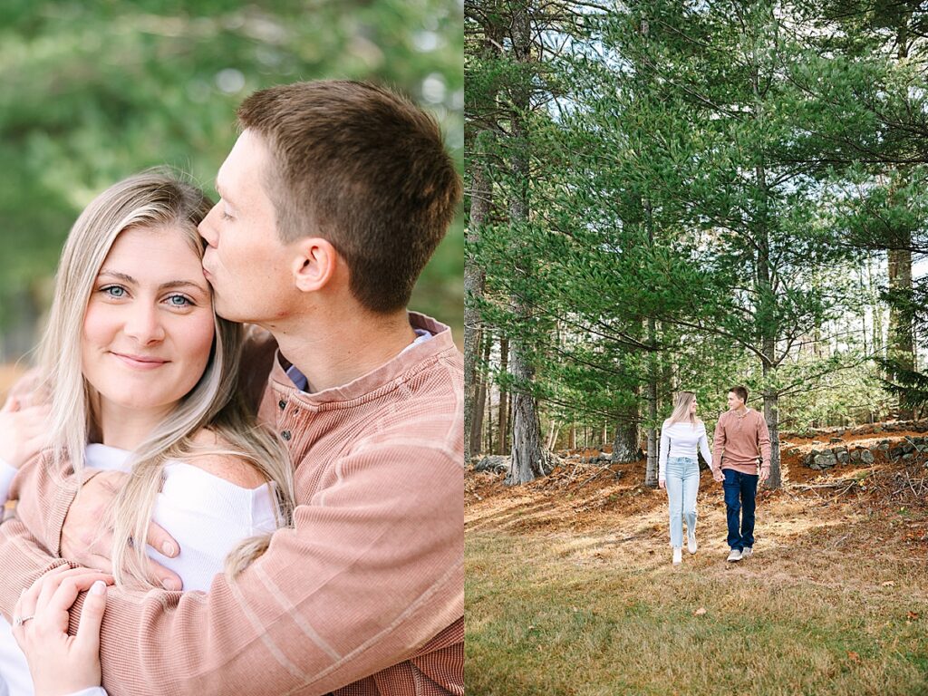 Close portrait of man kissing woman’s cheek; second panel shows couple holding hands while walking through wooded field.