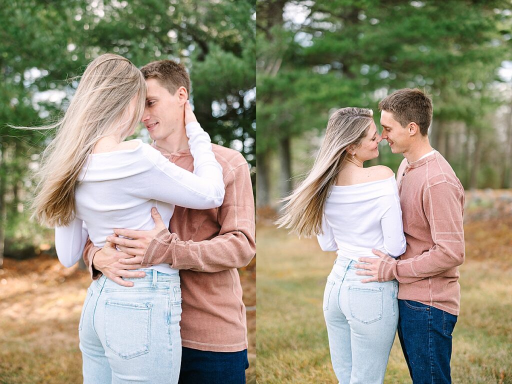 Couple embracing beneath pine trees; second panel shows them smiling at each other during outdoor engagement session.