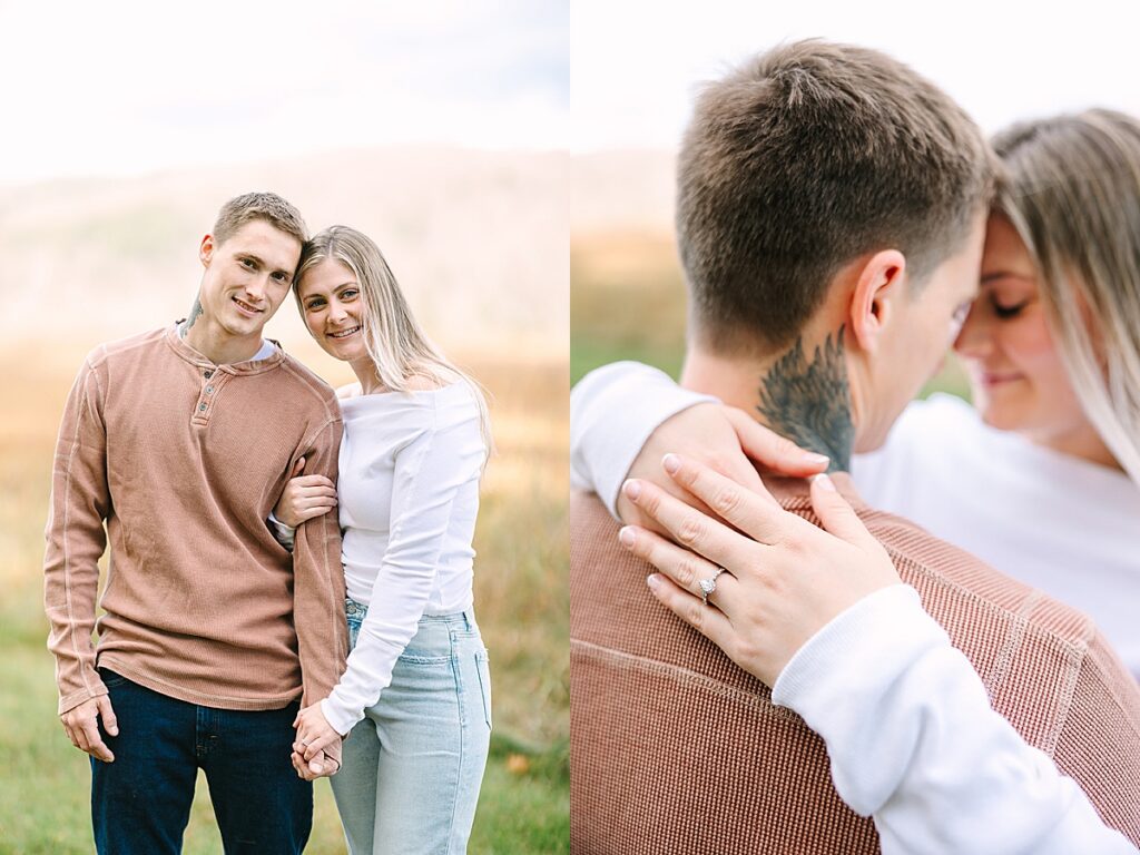 Portrait of couple standing together in grassy field; second panel shows close-up of engagement ring on woman’s hand resting on man’s shoulder.