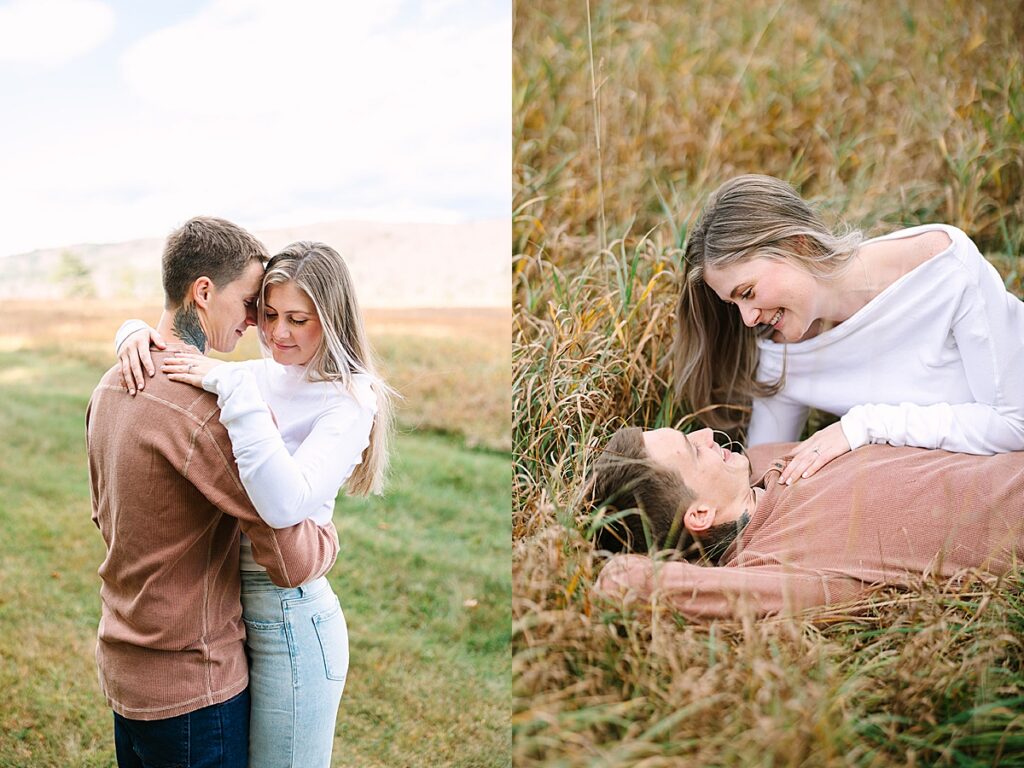 Couple embracing in open field with hills in background; second panel shows them lying in tall grass looking at each other.
