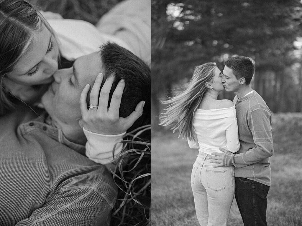 Black and white diptych of couple lying together and sharing a kiss during outdoor engagement session.