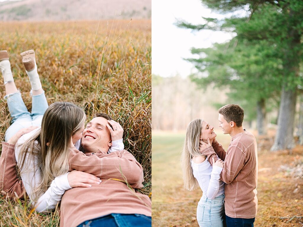 Couple lying in tall grass laughing together; second panel shows them standing face to face holding each other.