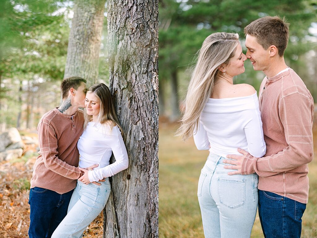 Couple leaning against tree while embracing; second panel shows them standing close and smiling in wooded field.