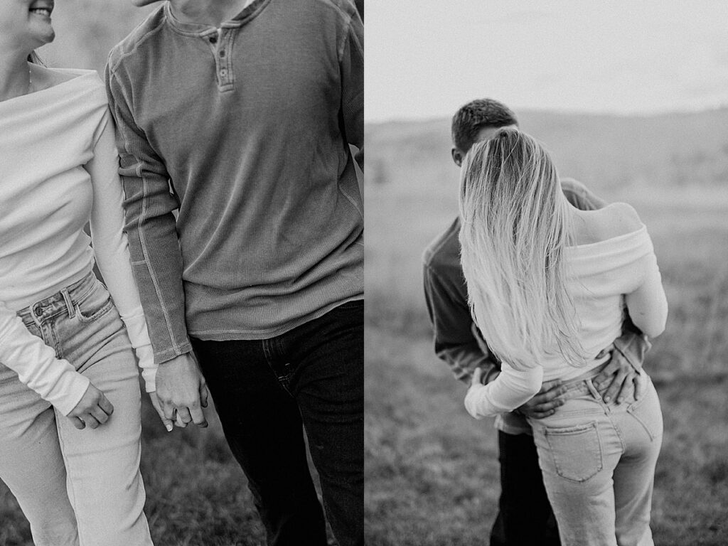 Black and white diptych showing couple holding hands and embracing in open field during engagement session.