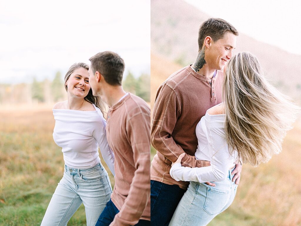 Couple walking together in an open field looking at each other; second panel shows them embracing as wind moves her hair.