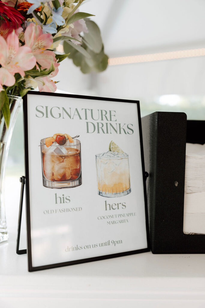 Wedding bar sign with signature drinks menu, Old Fashioned and coconut pineapple margarita